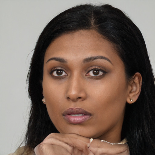 Neutral asian young-adult female with long  black hair and brown eyes