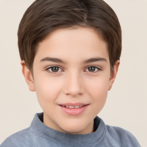 Joyful white child female with short  brown hair and brown eyes