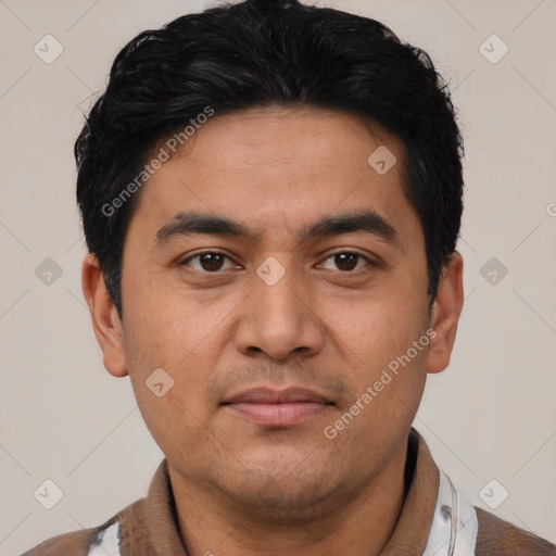 Neutral asian young-adult male with short  black hair and brown eyes