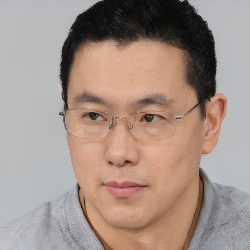 Neutral asian adult male with short  brown hair and brown eyes