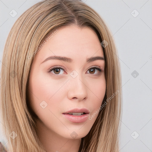 Neutral white young-adult female with long  brown hair and brown eyes