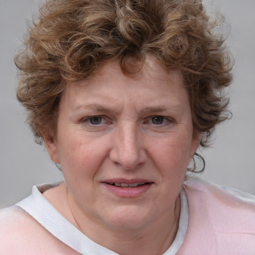 Joyful white adult female with short  brown hair and blue eyes