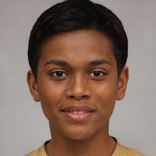 Joyful latino young-adult female with short  black hair and brown eyes