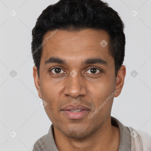 Neutral latino adult male with short  black hair and brown eyes