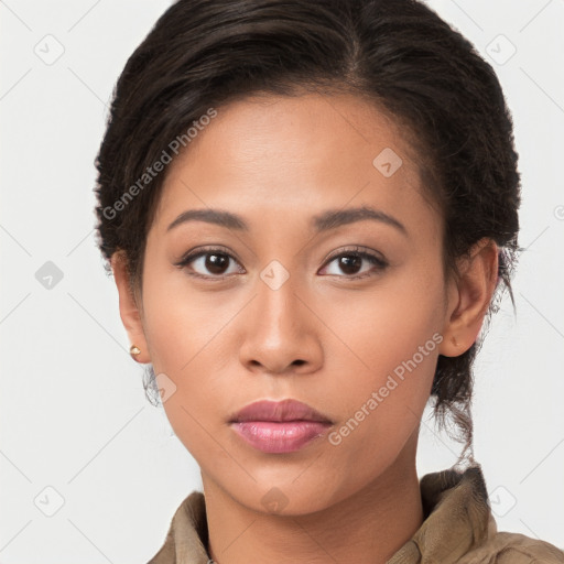 Neutral white young-adult female with short  brown hair and brown eyes