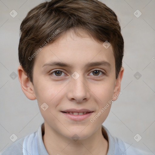 Joyful white child male with short  brown hair and brown eyes