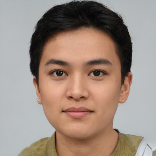 Neutral asian young-adult male with short  brown hair and brown eyes