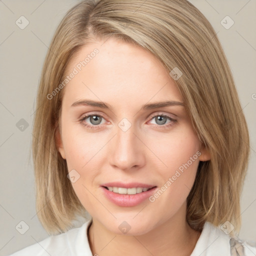 Joyful white young-adult female with medium  brown hair and blue eyes