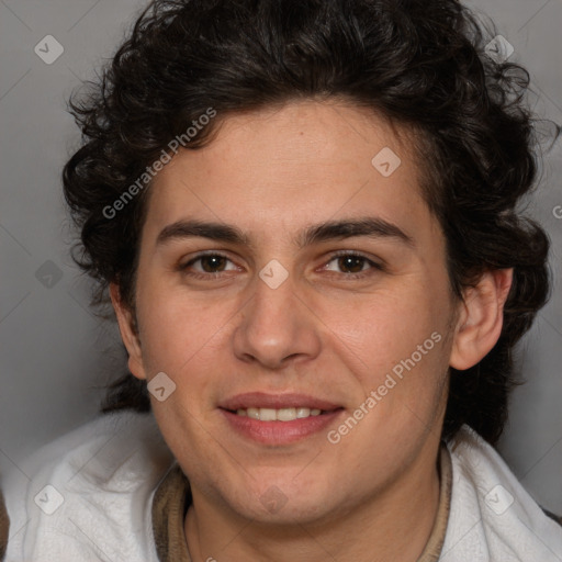 Joyful white young-adult male with medium  brown hair and brown eyes