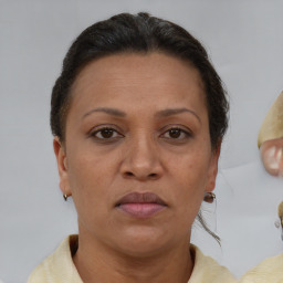 Neutral white adult female with short  brown hair and brown eyes