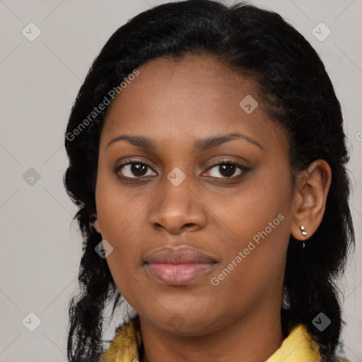 Joyful black young-adult female with medium  black hair and brown eyes