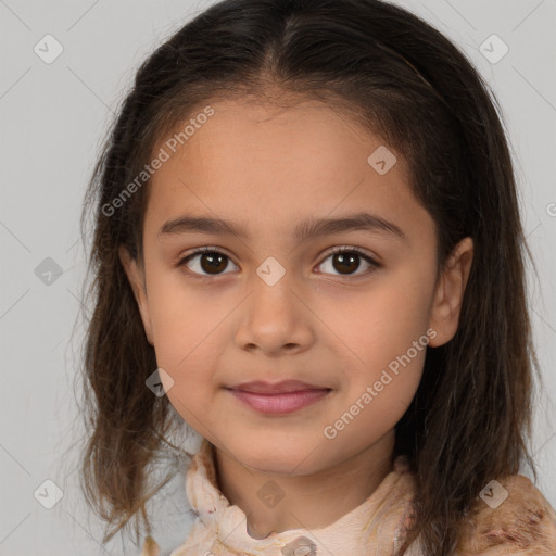 Joyful white child female with medium  brown hair and brown eyes