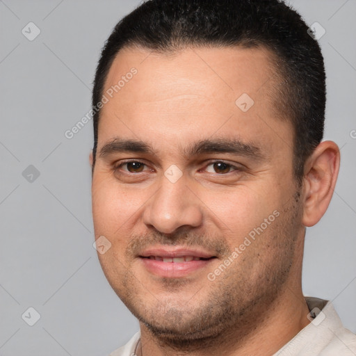 Joyful white young-adult male with short  brown hair and brown eyes