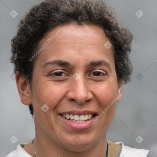 Joyful white adult female with short  brown hair and brown eyes