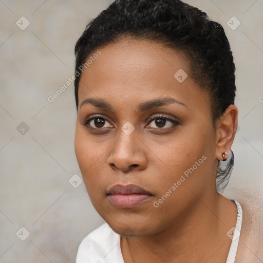 Neutral black young-adult female with short  black hair and brown eyes