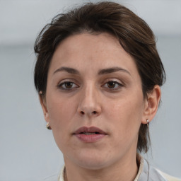 Neutral white adult female with medium  brown hair and brown eyes