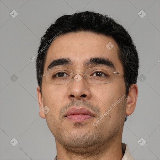 Neutral white young-adult male with short  black hair and brown eyes