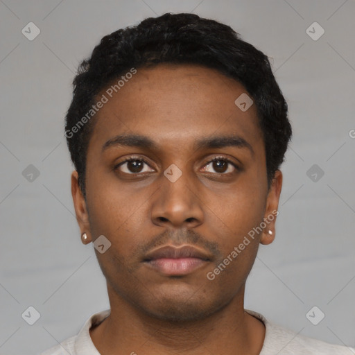 Neutral black young-adult male with short  black hair and brown eyes