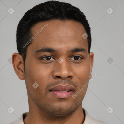 Neutral latino young-adult male with short  black hair and brown eyes