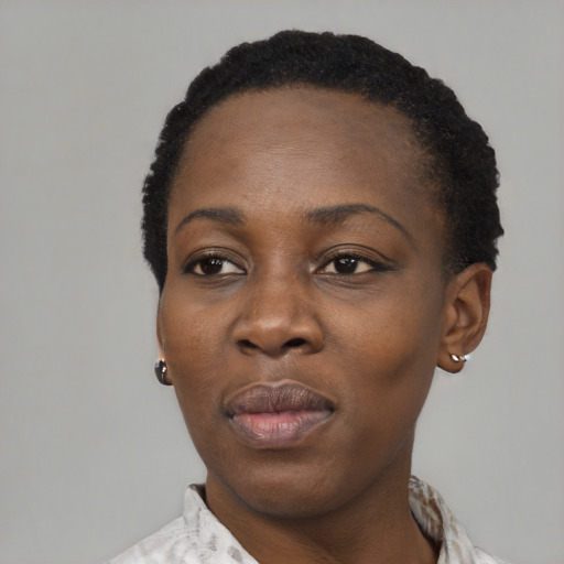 Neutral black young-adult female with short  black hair and brown eyes