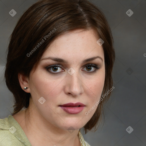 Neutral white young-adult female with medium  brown hair and brown eyes