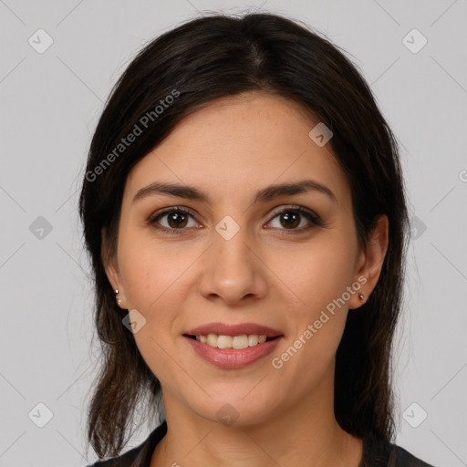 Joyful white young-adult female with medium  brown hair and brown eyes