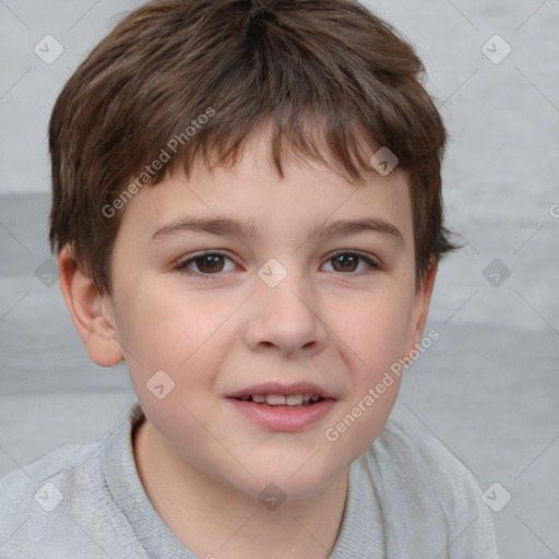 Joyful white child male with short  brown hair and brown eyes