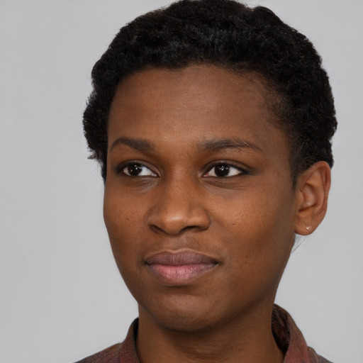 Neutral black young-adult female with short  black hair and brown eyes
