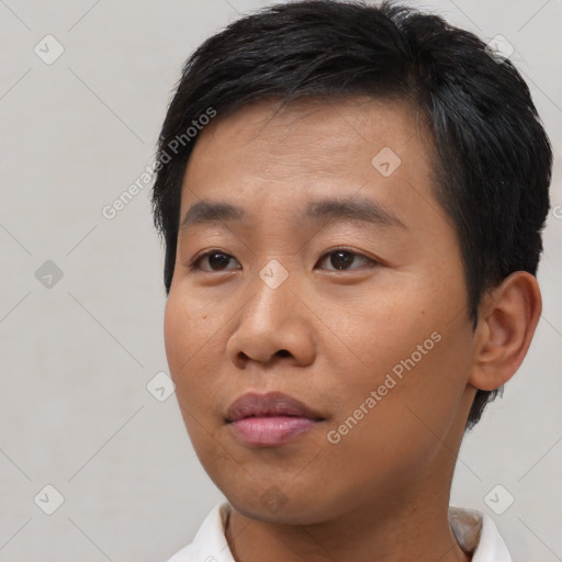 Neutral asian young-adult male with short  black hair and brown eyes