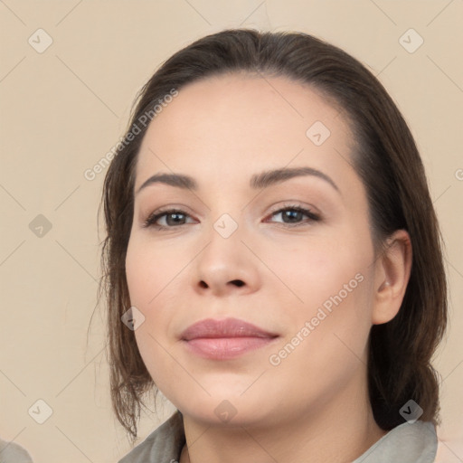 Neutral white young-adult female with medium  brown hair and brown eyes