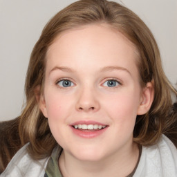 Joyful white child female with medium  brown hair and blue eyes