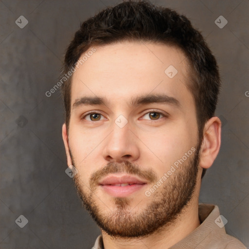 Neutral white young-adult male with short  brown hair and brown eyes