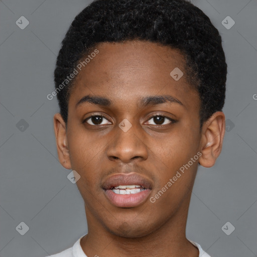 Neutral black young-adult male with short  black hair and brown eyes