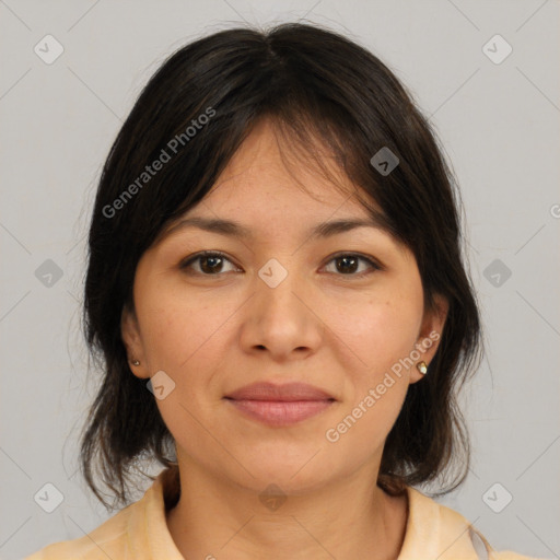 Joyful white young-adult female with medium  brown hair and brown eyes