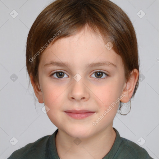 Joyful white child female with medium  brown hair and brown eyes