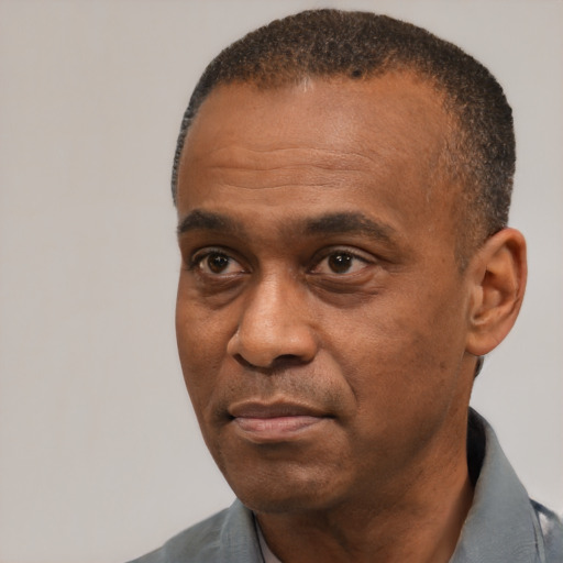 Neutral black adult male with short  black hair and brown eyes