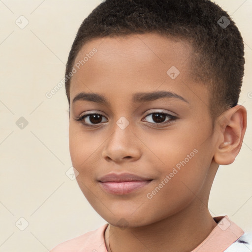 Joyful white child female with short  brown hair and brown eyes