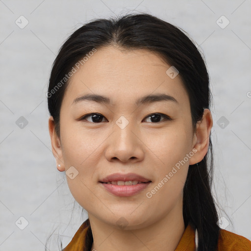 Joyful white young-adult female with medium  brown hair and brown eyes