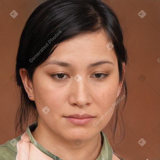 Neutral asian young-adult female with medium  brown hair and brown eyes