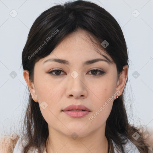 Neutral asian young-adult female with medium  brown hair and brown eyes