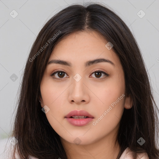 Neutral asian young-adult female with long  brown hair and brown eyes