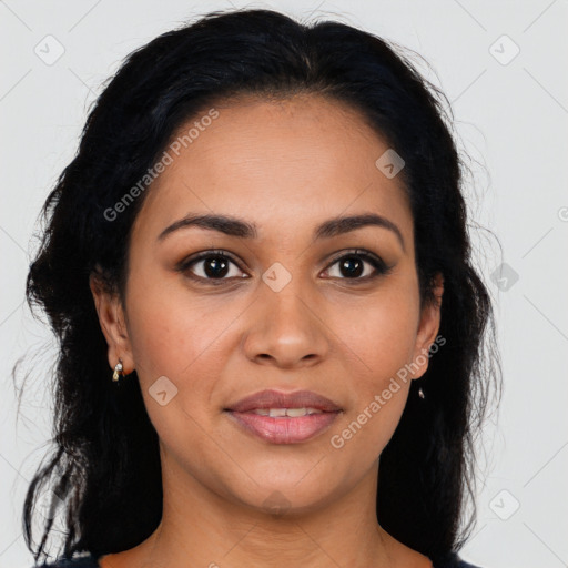 Joyful latino young-adult female with medium  brown hair and brown eyes