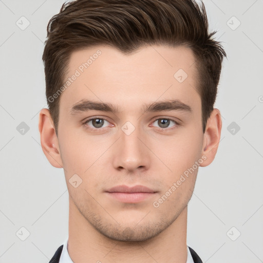 Neutral white young-adult male with short  brown hair and brown eyes