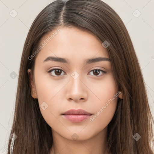 Neutral white young-adult female with long  brown hair and brown eyes