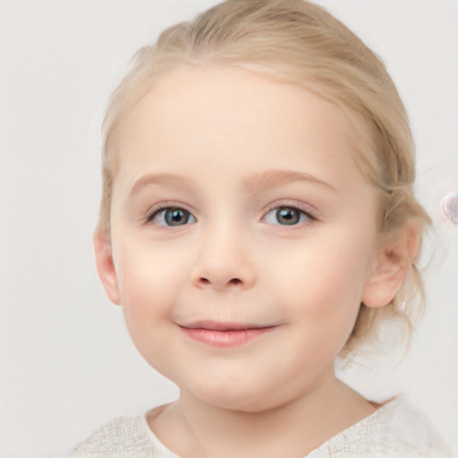 Joyful white child female with medium  brown hair and blue eyes