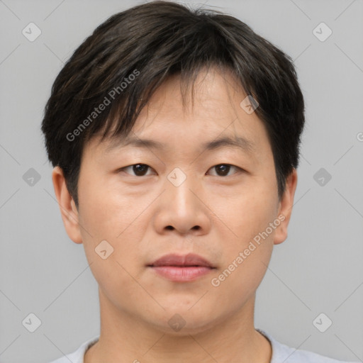 Neutral asian young-adult male with short  brown hair and brown eyes