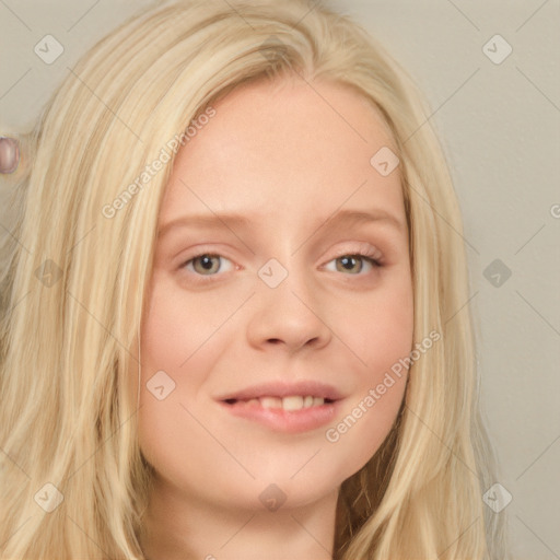 Neutral white young-adult female with long  blond hair and blue eyes