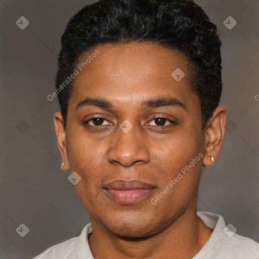 Joyful black adult male with short  black hair and brown eyes