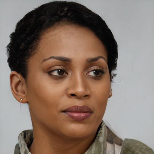 Joyful black young-adult female with short  brown hair and brown eyes