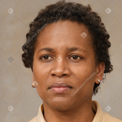 Neutral black adult female with short  brown hair and brown eyes